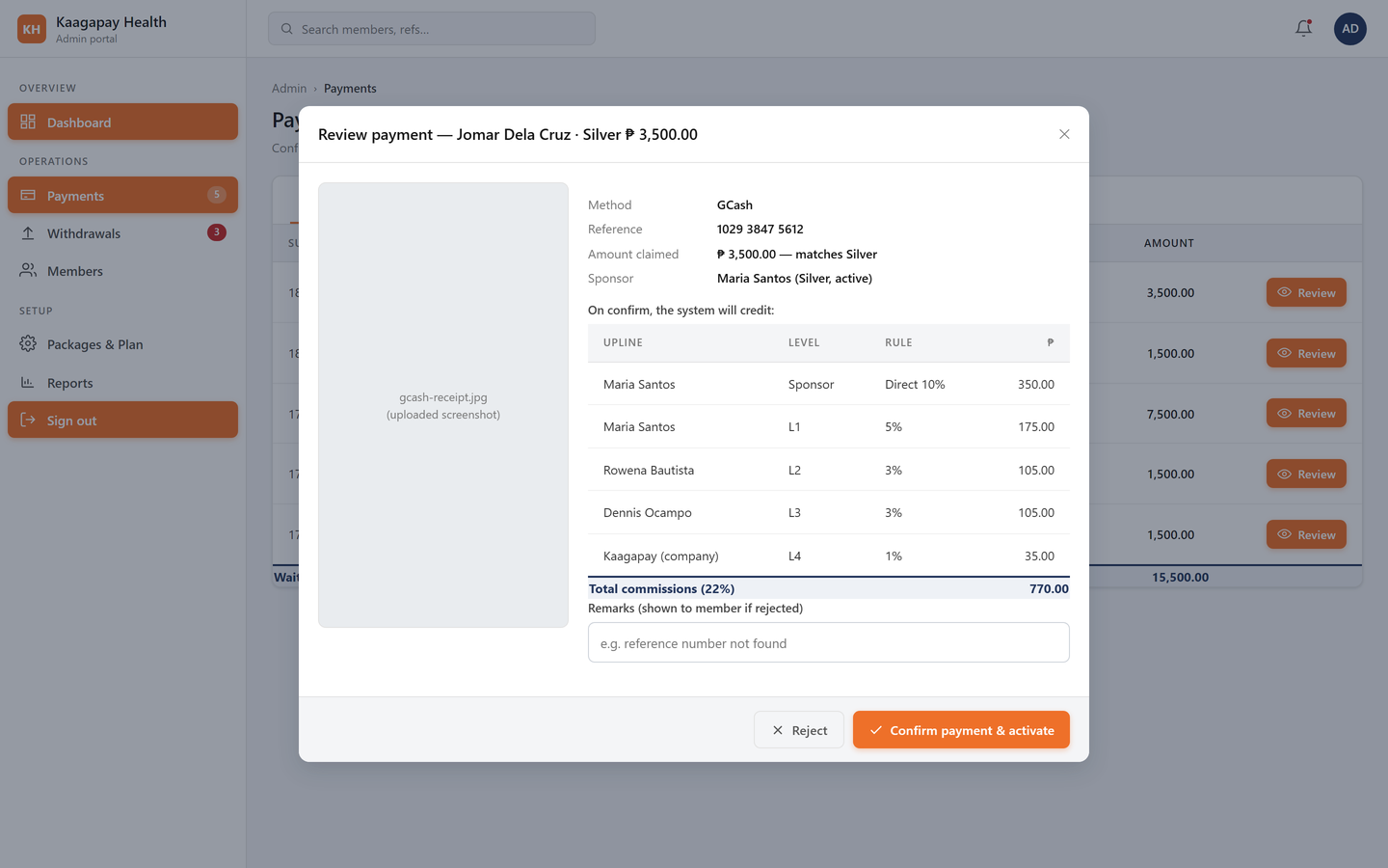 MLM prototype — admin payment confirmation with commission preview