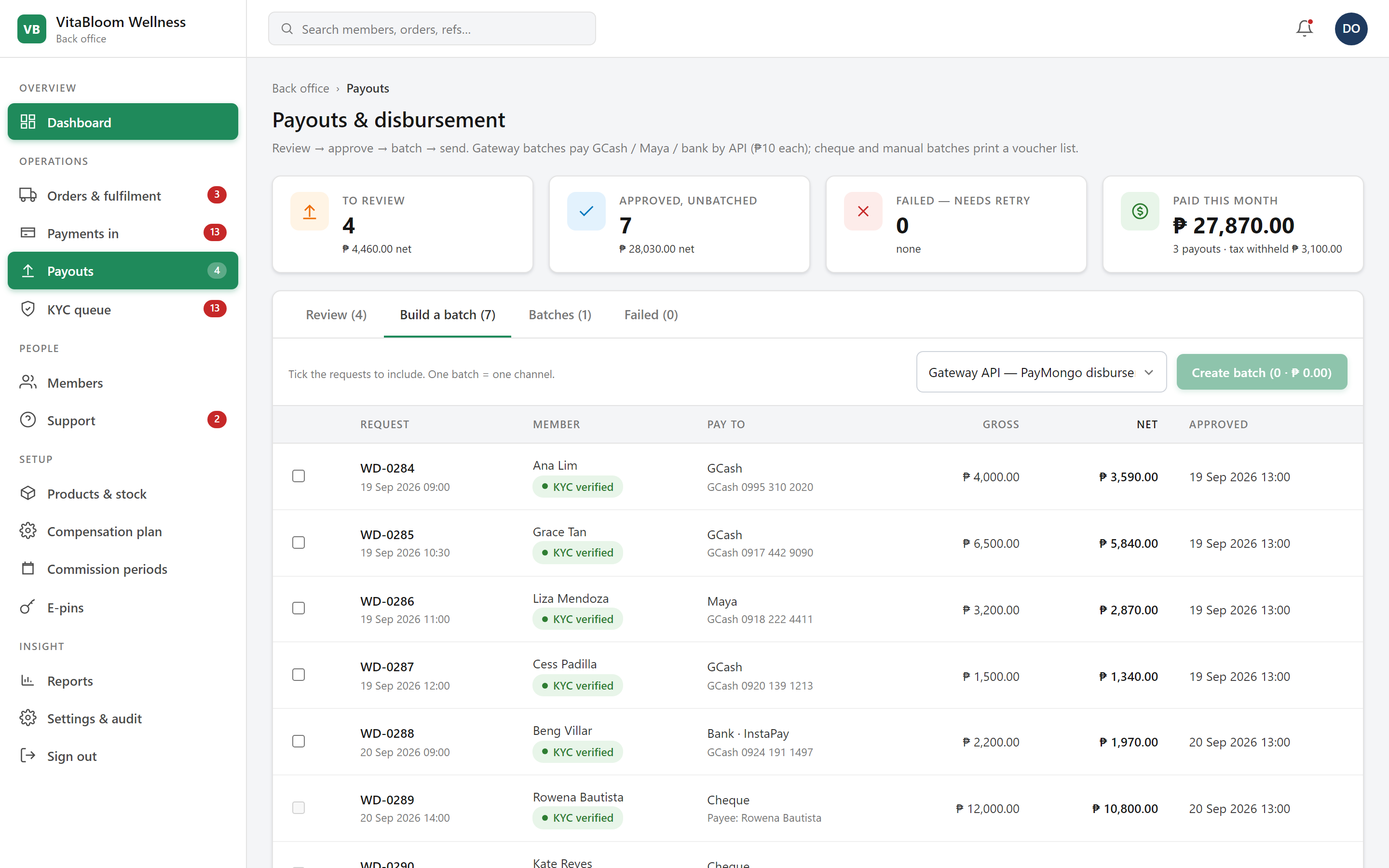 Full MLM prototype — building a gateway payout batch