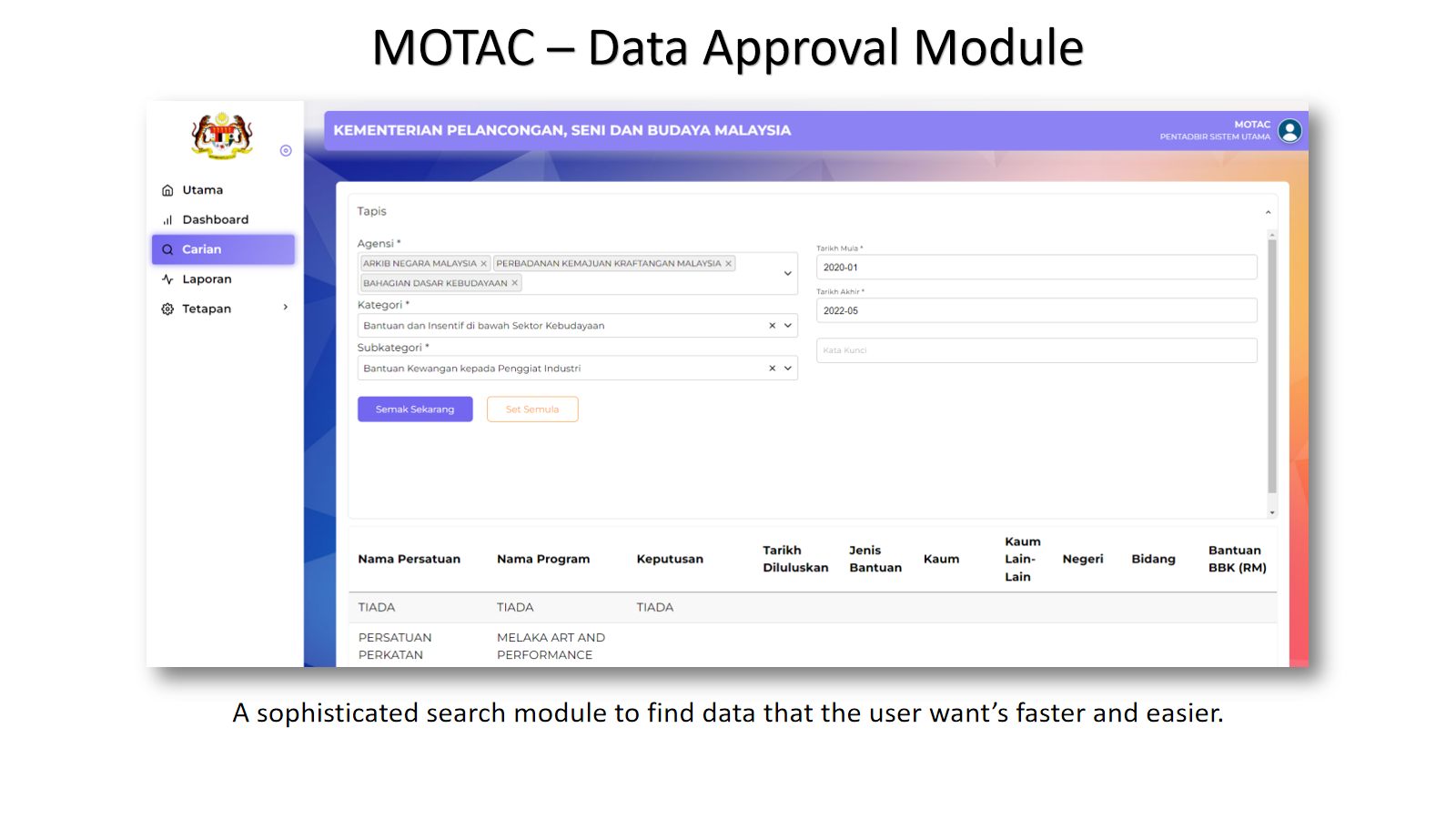 MOTAC — Ministry Information System — screen 3
